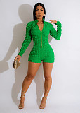 Solid Color Knitted Plaid Zipper Long Sleeve Rompers WLS-202301
