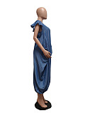 Casual Round Neck Loose Blue Pockets Maxi Dress GT-9134