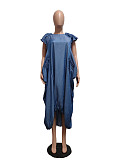 Casual Round Neck Loose Blue Pockets Maxi Dress GT-9134