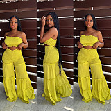 Sexy Strapless Crop Top with Patchwork Wide-le Pants 2 Pcs Sets BN-9435