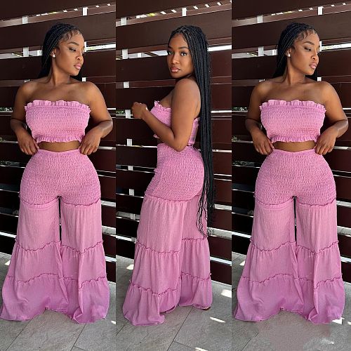Sexy Strapless Crop Top with Patchwork Wide-le Pants 2 Pcs Sets BN-9435