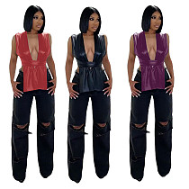 Hot Sexy PU Leather Irregular Bandage Tops FNN-8716
