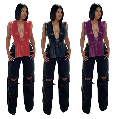 Hot Sexy PU Leather Irregular Bandage Tops FNN-8716