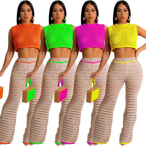 Knitted Crochet Sleeveless Crop Tops Two Piece Pant Sets CM-8674