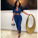 Stylish Women Slim Short Sleeves Denim Jumpsuits LX-3548