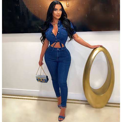Stylish Women Slim Short Sleeves Denim Jumpsuits LX-3548