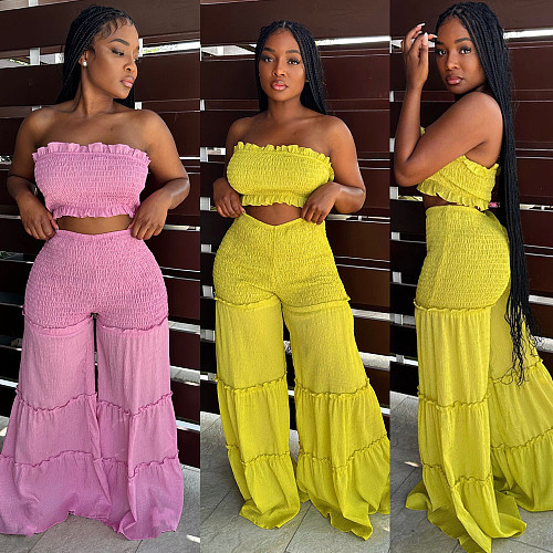 Sexy Strapless Crop Top with Patchwork Wide-le Pants 2 Pcs Sets BN-9435