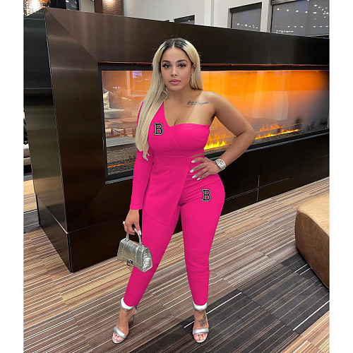 Casual Women One-sleeve Oblique Shoulder Two Pieces Suits OQ-0191