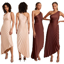 Sexy One Shoulder High Waist Solid Color Pleated Maxi Dresses RC-3125