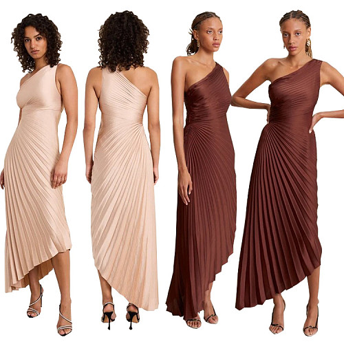 Sexy One Shoulder High Waist Solid Color Pleated Maxi Dresses RC-3125