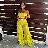 Sexy Strapless Crop Top with Patchwork Wide-le Pants 2 Pcs Sets BN-9435