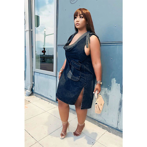 Casual Women Sleeveless Pocket Split Denim Dress GT-9128