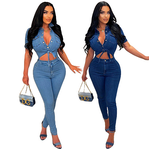 Stylish Women Slim Short Sleeves Denim Jumpsuits LX-3548