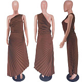 Sexy One Shoulder High Waist Solid Color Pleated Maxi Dresses RC-3125