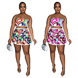 Sexy Strapless Print Crop Top with Mini Pleated Culottes 2 Pieces Set YF-10566