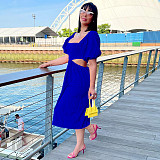 Solid Color U-neck Lantern Sleeves Expose Waist Maxi Dress TE-4589