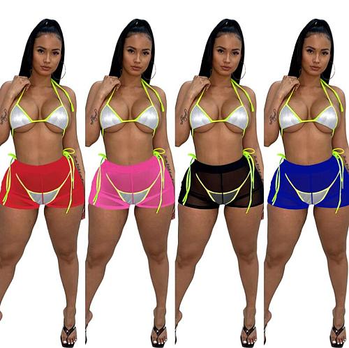 Sexy Swimwear Sequin Bikini Mesh Shorts 3 Piece Sets TE-4587