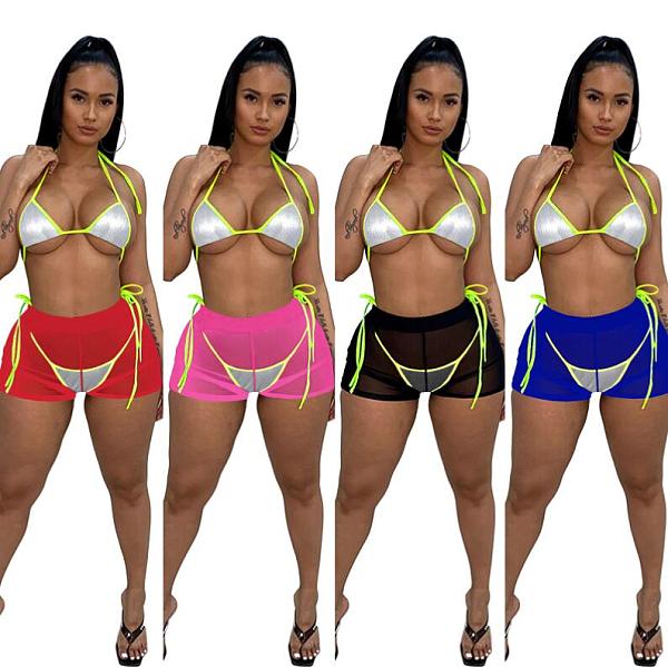 Sexy Swimwear Sequin Bikini Mesh Shorts 3 Piece Sets TE-4587