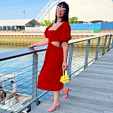 Solid Color U-neck Lantern Sleeves Expose Waist Maxi Dress TE-4589