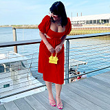 Solid Color U-neck Lantern Sleeves Expose Waist Maxi Dress TE-4589