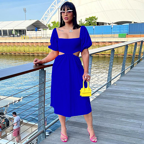Solid Color U-neck Lantern Sleeves Expose Waist Maxi Dress TE-4589
