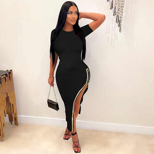 Casual Women Side Hot Drilling Zipper Split Maxi Dress TE-4632