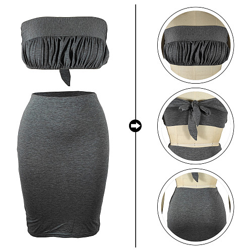 Sexy Strapless Crop Top with Package Hips Skirt Dark Grey 2 Piece Sets TE-4586