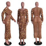 Knitting Crochet Hollow Out Long Sleeve Sequin Dress TR-1250