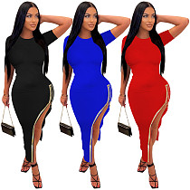 Casual Women Side Hot Drilling Zipper Split Maxi Dress TE-4632