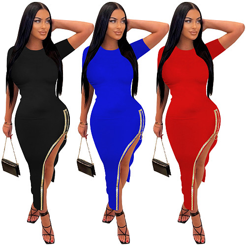 Casual Women Side Hot Drilling Zipper Split Maxi Dress TE-4632