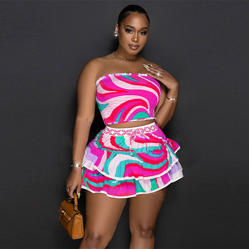 Trendy Print Strapless Crop Top with Short Skirt 2Pcs Sets YF-10564