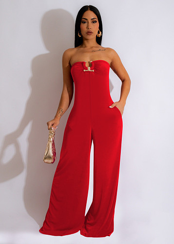 Sexy Strapless U-buckle Pockets Wide-leg Jumpsuit TE-4628