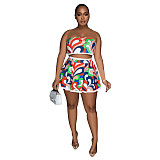Sexy Strapless Print Crop Top with Mini Pleated Culottes 2 Pieces Set YF-10566