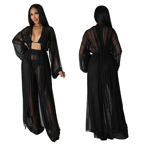 Sexy Solid Color Batwing Sleeves Transparent Pants Sets YF-10560