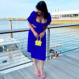 Solid Color U-neck Lantern Sleeves Expose Waist Maxi Dress TE-4589