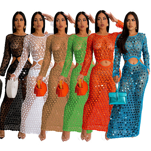 Knitting Crochet Hollow Out Long Sleeve Sequin Dress TR-1250