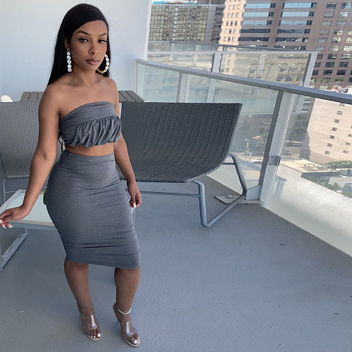 Sexy Strapless Crop Top with Package Hips Skirt Dark Grey 2 Piece Sets TE-4586