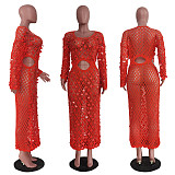 Knitting Crochet Hollow Out Long Sleeve Sequin Dress TR-1250