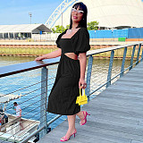 Solid Color U-neck Lantern Sleeves Expose Waist Maxi Dress TE-4589