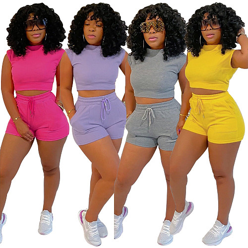 Solid Color Sleeveless T-shirt with Shorts Sporty Sets SFY-2168