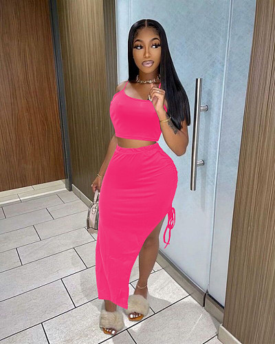 Solid Color Sleeve Straps Splits Skirts Sets Two Pieces QZX-6283