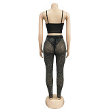 Black Mesh Hot Drill Straps Length Pants Sets Two Pieces BY-6540
