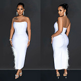 Sexy Strapless Solid Color Feather Slim Maxi Dresses BY-6535