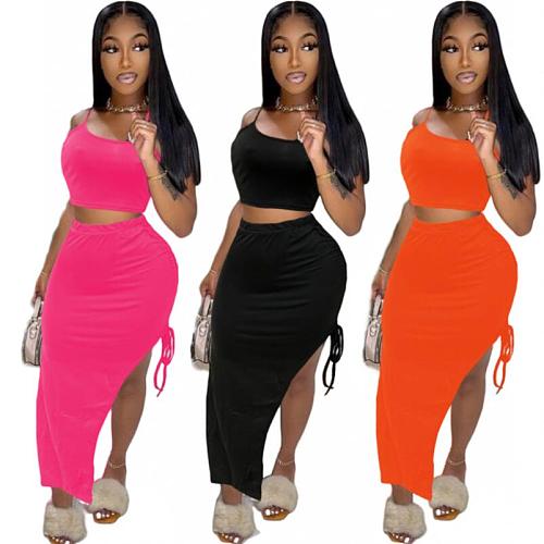 Solid Color Sleeve Straps Splits Skirts Sets Two Pieces QZX-6283