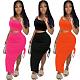 Solid Color Sleeve Straps Splits Skirts Sets Two Pieces QZX-6283