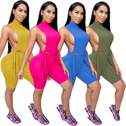 Solid Color Sleeveless Bandage Two Piece Shorts Set DAI-5841