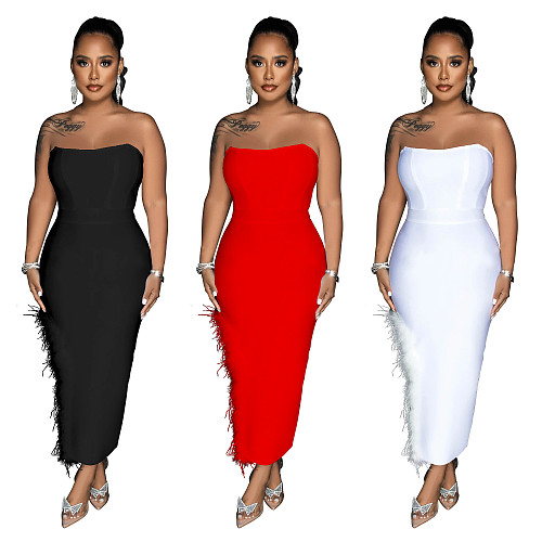 Sexy Strapless Solid Color Feather Slim Maxi Dresses BY-6535