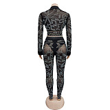 Trendy Mesh Hot Drill Long Sleeves Length Pants Set 2 Pieces BY-6549