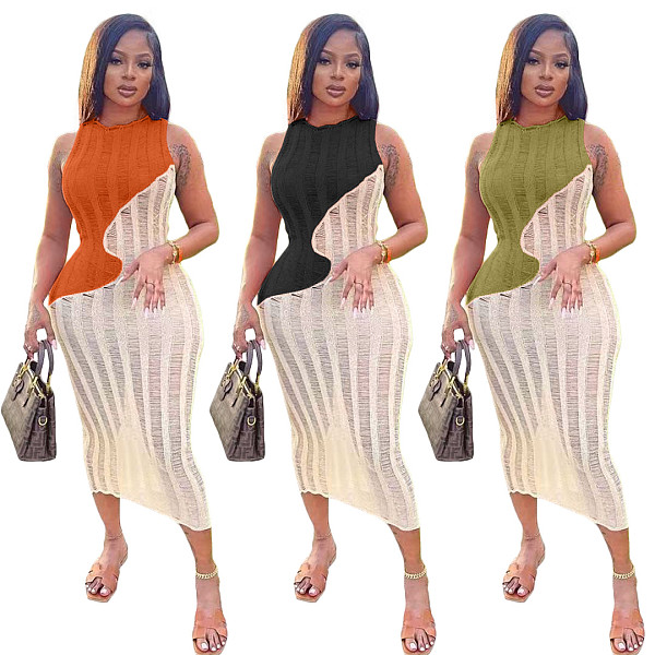 Color Matching Sleeveless Knitted Maxi Dresses TK-6295