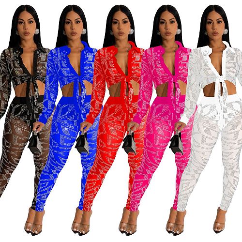 Trendy Mesh Hot Drill Long Sleeves Length Pants Set 2 Pieces BY-6549
